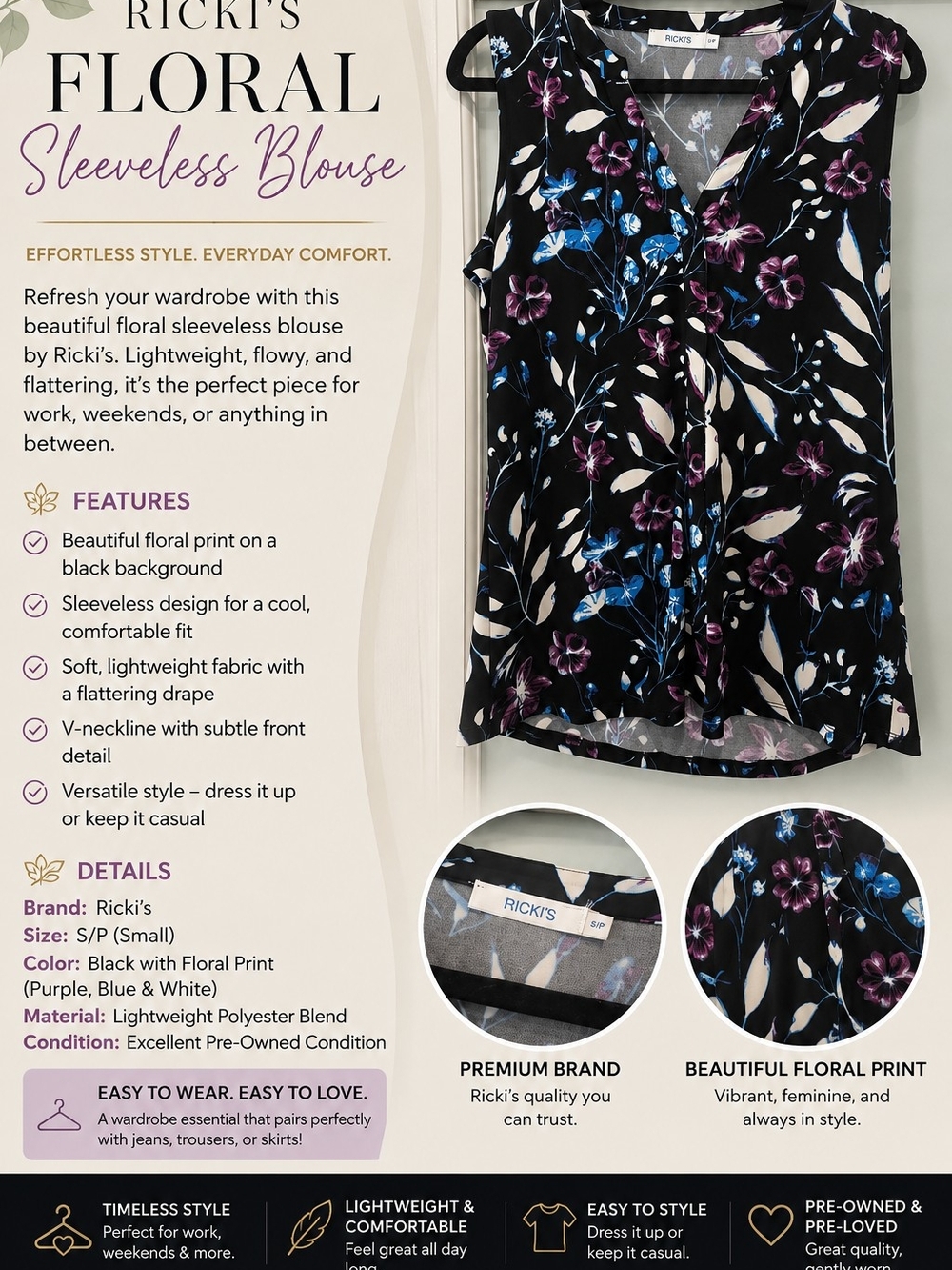 Ricki's Black Sleeveless V-Neck Tank with Purple & Blue Floral